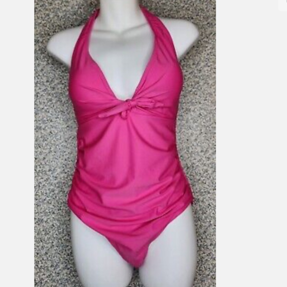 NWT Catherine Malandrino Halter Center Tie 1 Piece Swimsuit Hot Pink Small